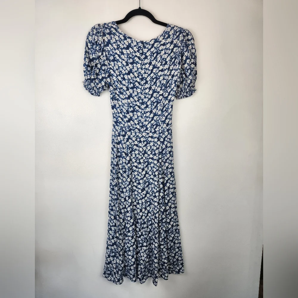 Reformation Blue Floral Puff Sleeve Midi Dress​ Size 10 - Picture 2 of 5